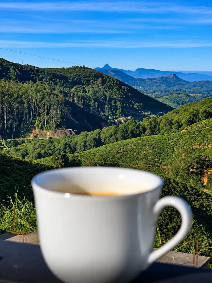 Tea-covered hills and distant mountains seen from Hotel Bonavista